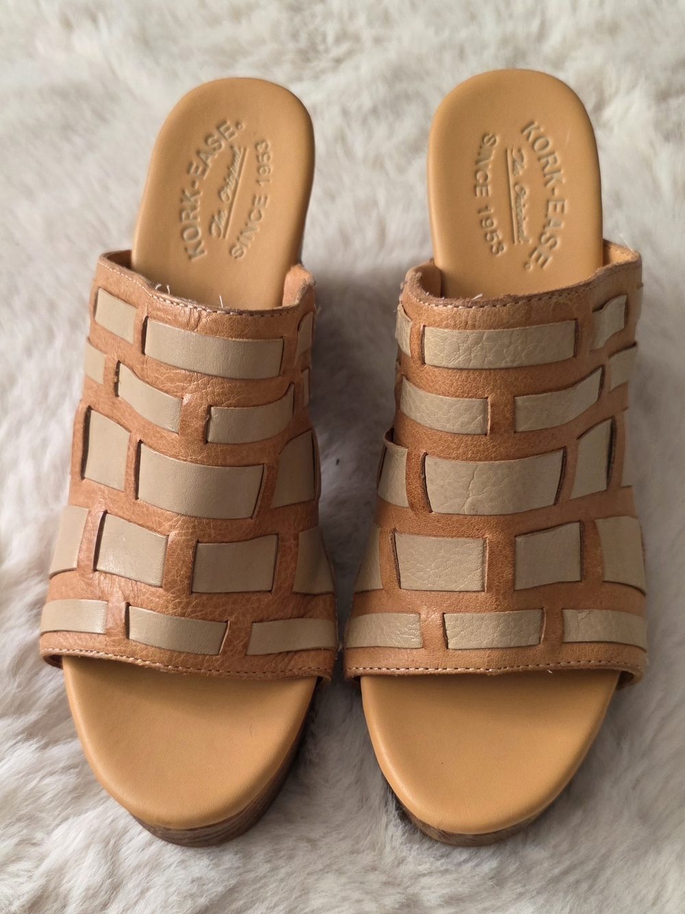 Kork-Ease Two-Tone Tan and Cream Leather Slide Mules